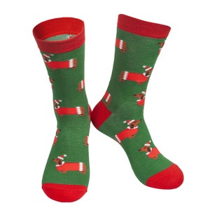 Christmas Dog Socks, Green Red Santa Dachshund Bamboo Mix Socks, Xmas Socks, Dog Socks, Bamboo Socks, Xmas Men&#39;s Socks, Fun Christmas Socks