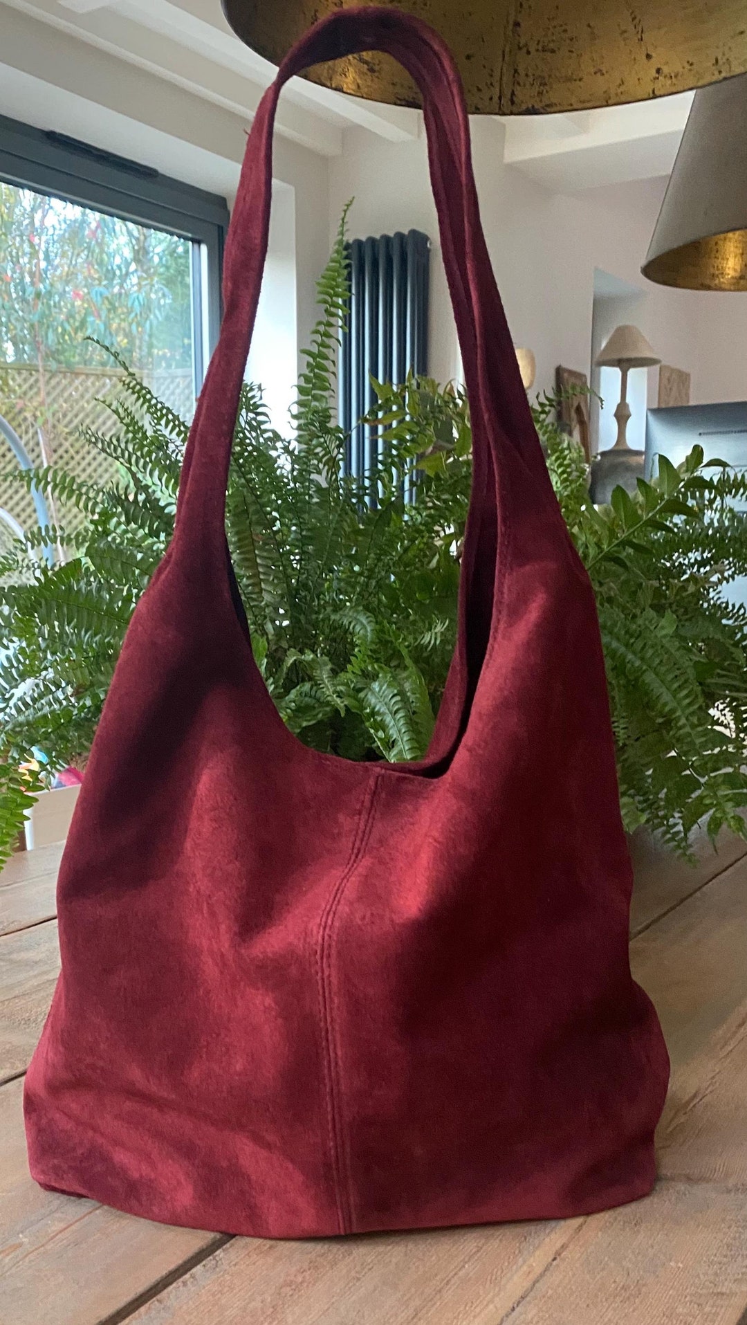 Burgundy Suede Slouchy Hobo Bag: Italian Leather Shoulder Tote