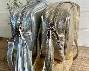 Silver Crossbody Bag, Silver Leather Crossbody, Silver