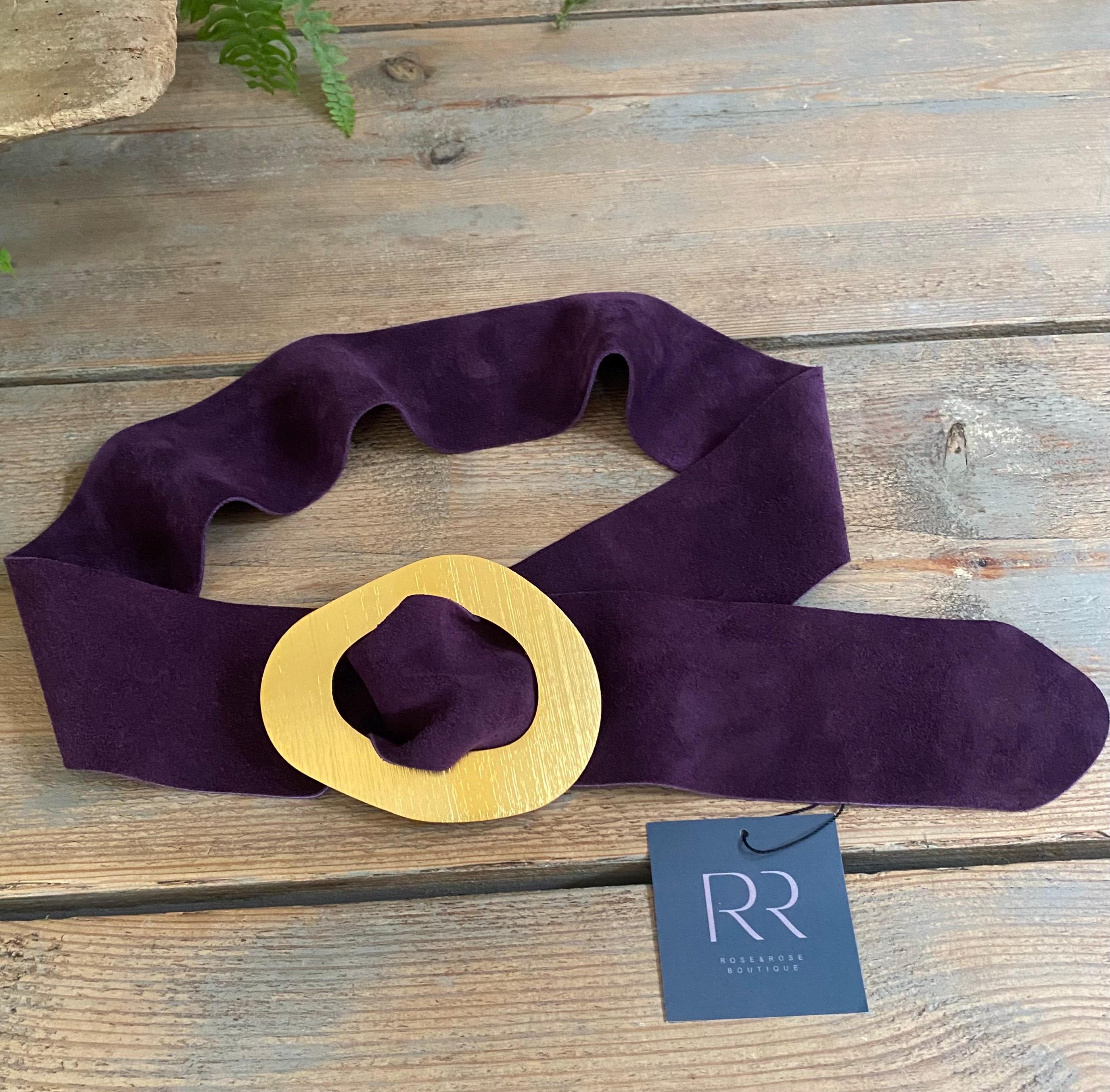 Wide Suede Belt with Gold Buckle - Plum 1970s Wide Grommet Double Prong Buckle Burgundy Suede  main image 3