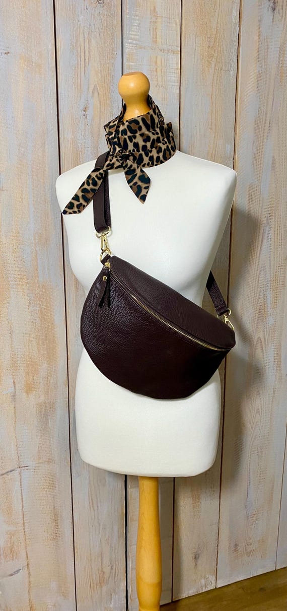Chocolate Brown Leather Bum Bag, Coffee Crossbody Bag, Large Brown Fanny Pack