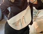 Italian Leather Sling Bag, Taupe Bum Bag, Large Crossbody Purse, Made in Italy