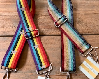 Rainbow Bag Straps, Cross Body Bag Straps, Rainbow Stars and Stripes Strap, Glitter Stripe Strap, Colourful Bag Strap, Patterned Bag Straps