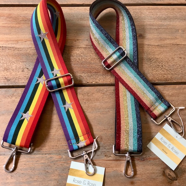 Rainbow Bag Straps, Cross Body Bag Straps, Rainbow Stars and Stripes Strap, Glitter Stripe Strap, Colourful Bag Strap, Patterned Bag Straps