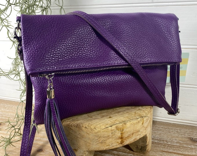 Purple Leather Crossbody, Genuine Leather Purple Bag, Purple Tassel Bag