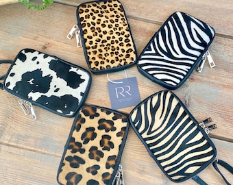 Animal Print Leather Bag, Phone Crossbody, Phone Purse, Phone Bag, Phone Pouch, Animal Bag, Leopard Print Bag, Leopard Purse, Cow Print Bag