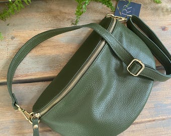 Large Khaki Green Leather Bum Bag: Italian Handmade Sling Bag