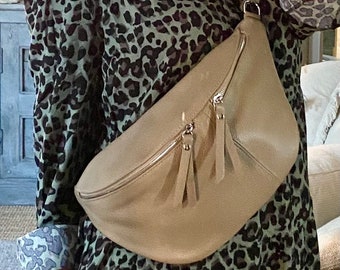 Large Real Leather Sling Bag, Beige Crossbody Chest Bag -  Handmade in Italy