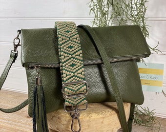 Olivgrüne Umhängetasche, Echtleder Khaki Tasche, Quaste Tasche, Khaki Grüne Geldbörse, Olivgrüne Tasche, Olivgrüne Clutch Tasche, Khaki Tasche - Handgemacht in Italien