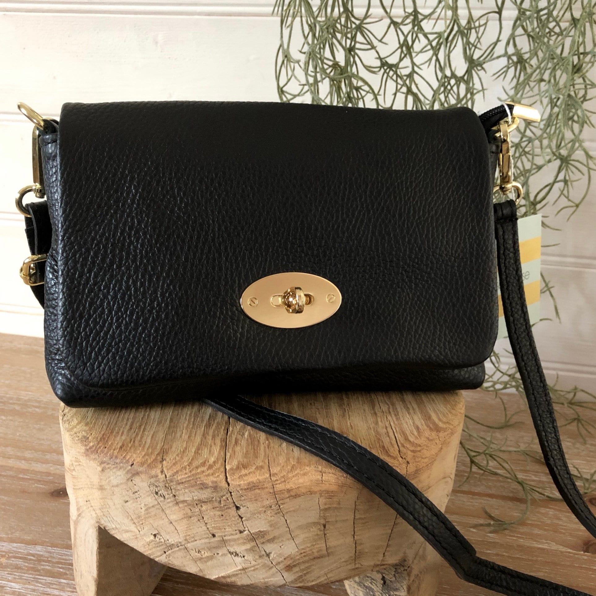Black Twist Lock Leather Bag Black Leather Handbag Classic 