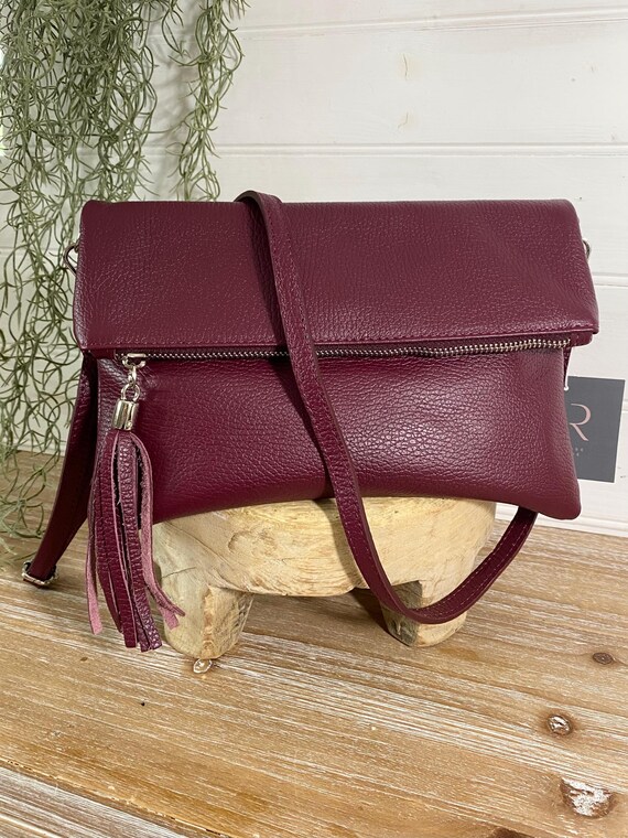 Burgundy Real Leather Bag: Italian Leather Tassel Clutch, Dark Red