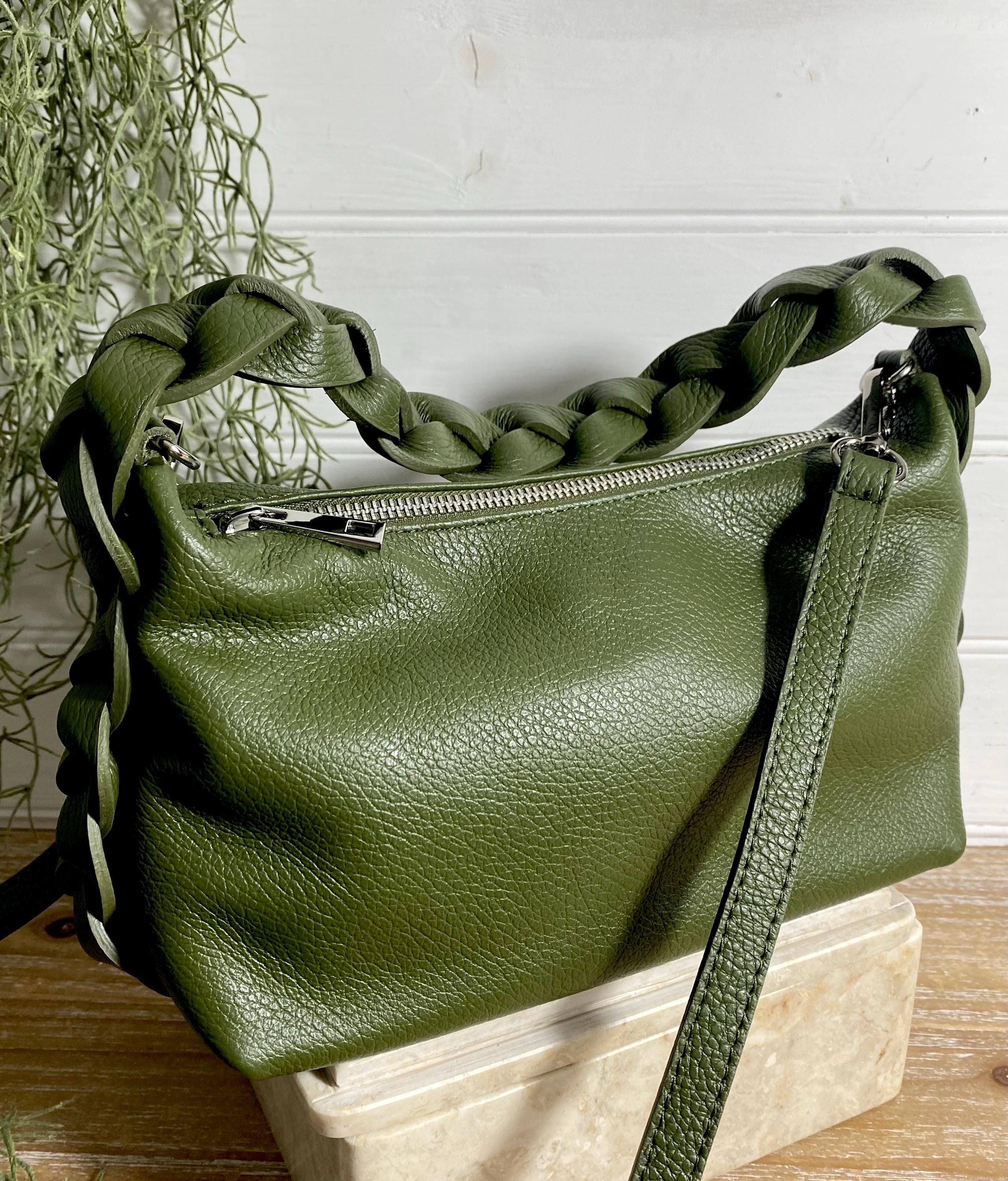 Olive Green Woven Leather Handbag