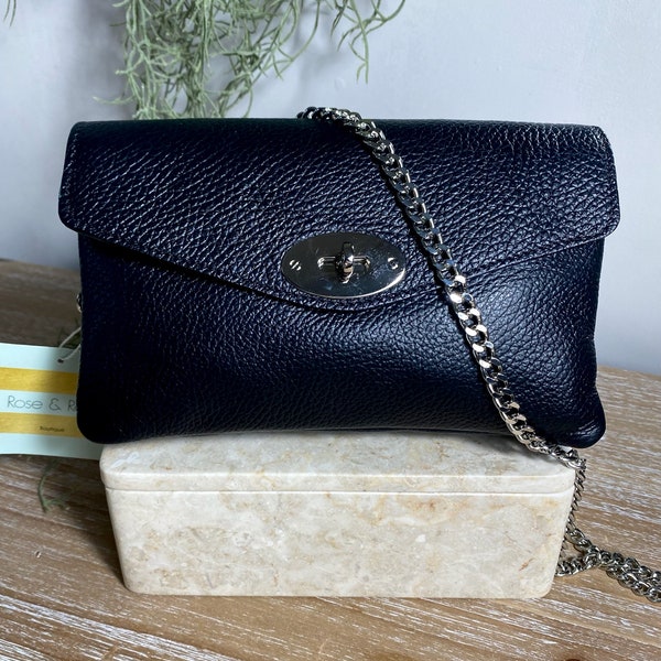 Schwarze Designer-Stil-Tasche, schwarze Crossbody, schwarze Lederhandtasche, klassische schwarze Tasche, Knebelverschluss-Tasche, Kettenriemen-Tasche, klassische schwarze Geldbörse