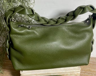 Olive Green Leather Crossbody Bag: Braided Handle, Handmade