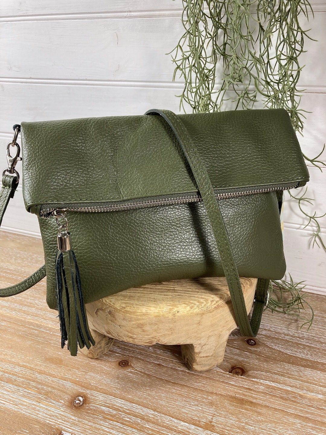 Olive Crossbody Bag, Real Leather Khaki Bag, Tassel Bag, Khaki Green