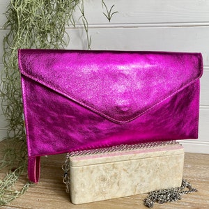 Hot Pink Metallic Bag, Fuchsia Metallic Envelope Clutch, Magenta Bag, Gold Clutch, Silver Clutch, Bronze Clutch, Dark Silver, Evening Purse