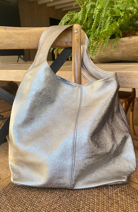 Metallic Leather Slouchy Bag, Silver Slouch, Rose Gold Leather Bag, Gold Slouchy Bag, Shiny Bag, Boho Leather Purse, Metallic Shoulder Bag