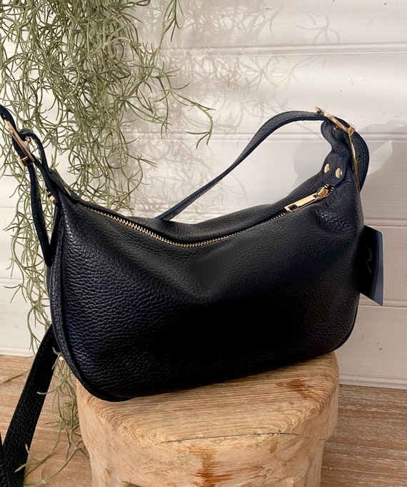 バッグ Vintage leather half moon hand bag Black Leather Half Moon Bag, Black Real Leather Bag With