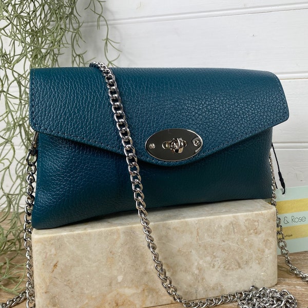 Teal Designer Style Bag, Teal Crossbody, Teal Leather Handbag, Twist Lock Bag, Toggle Clasp Bag, Chain Strap Bag, Teal Purse, Peacock Blue