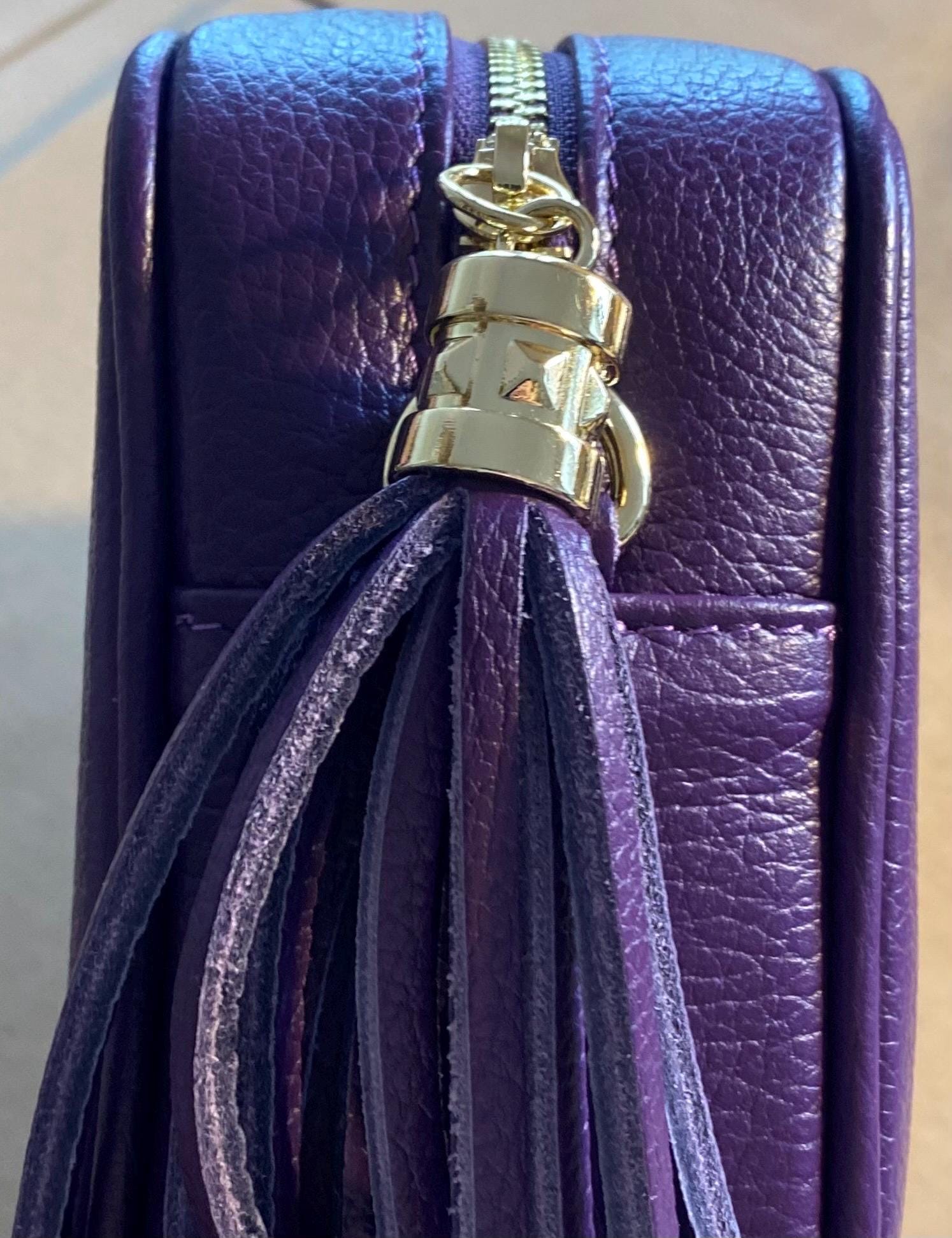 Purple Genuine Leather Bag, Cowhide Leather Tassel Purse 