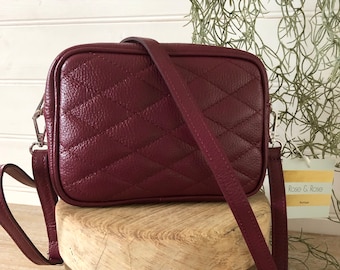 Burgundy Quilted Real Leather Bag: Cowhide Leather Shoulder Bag - Handmade in Italy