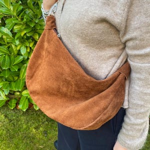 Genuine Suede Slouchy Bag: Tan Half Moon Suede Slouch Crossbody - Made in Italy
