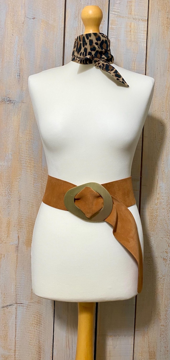 Tan Suede Ladies Belt: Big Buckle Belt Handmade from Soft Real Suede