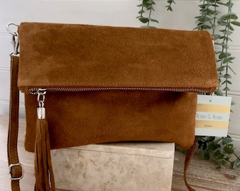 Cow Suede Crossbody Bag: Handmade Leather Clutch with Tassel