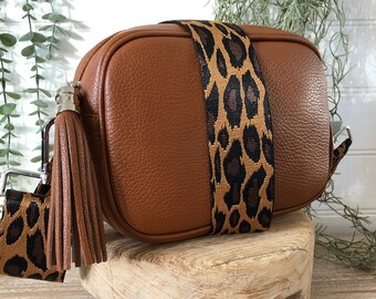 Tan Leather Crossbody Bag, Tan Real Leather Purse with Tassel and Silver Hardware - Made in Italy