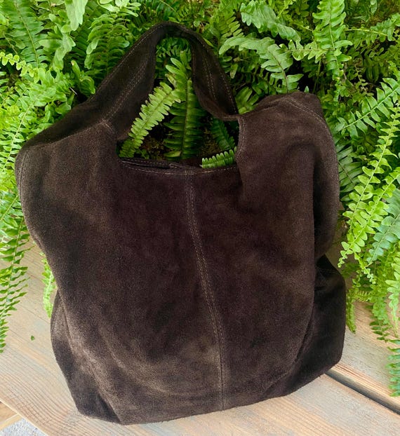Dark Brown Suede Leather Hobo, Slouchy Shoulder Bag, Vintage 90s