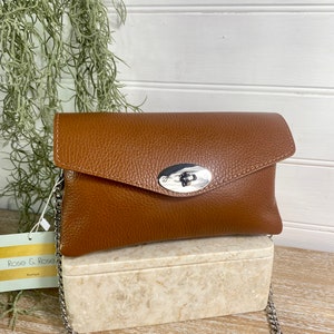 Tan Twist Lock Crossbody, Dark Tan Leather Handbag, Classic Tan Bag, Toggle Clasp Bag, Chain Strap Bag, Tan Shoulder Bag, Tan Leather Purse