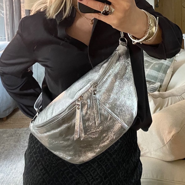 XL Silver Sling Bag, Oversized Black Chest Bag, XL Bum Bag, Holiday Bag, Airport Bag, Silver Fanny Pack, XL Fanny Pack, Xl Leather Sling Bag