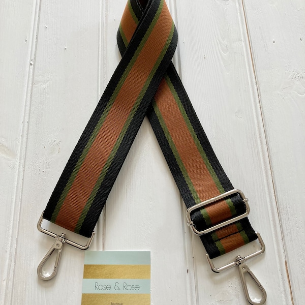 Black Stripe Bag Strap, Black, Tan and Olive Strap, Tan Purse Strap, Tan Stripe Bag Strap, Olive Stripe Bag Strap, Black and Tan Bag Strap