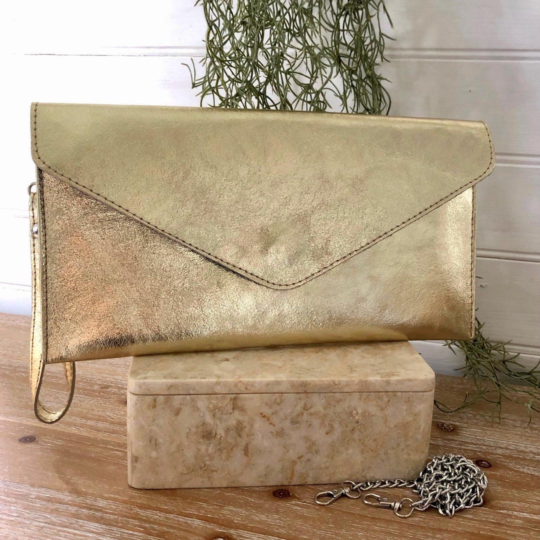 Metallic Leather Envelope Clutch Bag: Italian Leather, Detachable