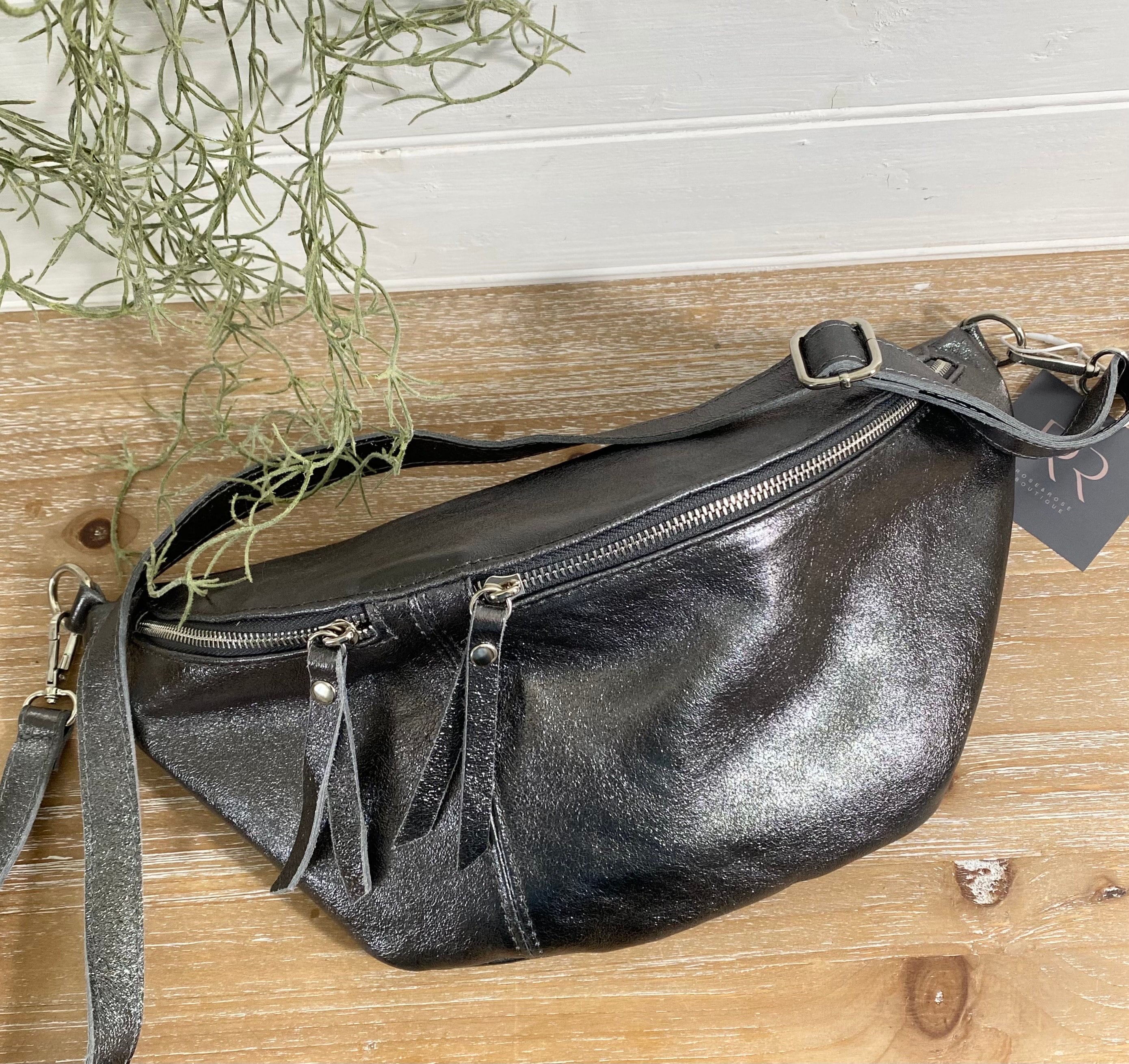 Pewter Sling Bag, Oversized Dark Silver Chest Bag, XL Bum Bag, LRG