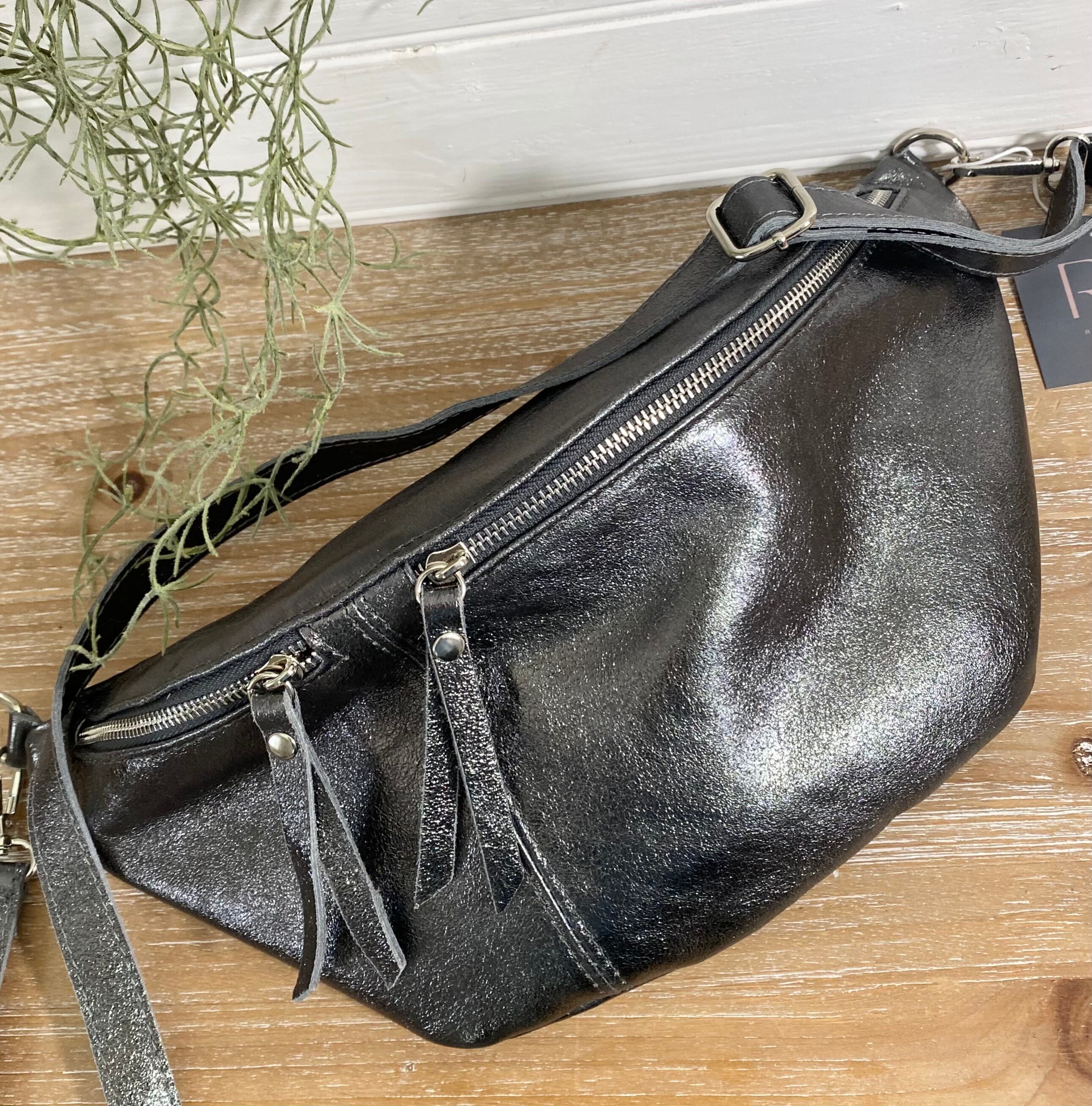 【BIG size】Wallet Body bag／silver leather Pewter Sling Bag, Oversized Dark Silver Chest Bag, XL Bum