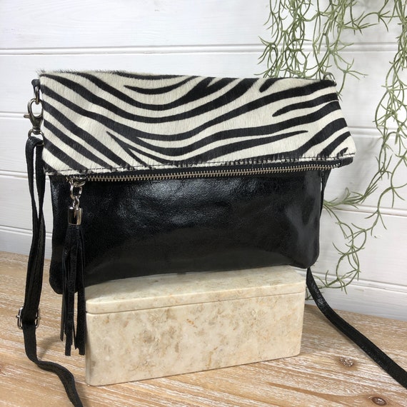 Echtleder Animal Print Foldover Clutch Bag Leopard Crossbody Zebra Print Schulter Handtasche Animal Print Clutch Bag Hair on Hide Tasche Etsy