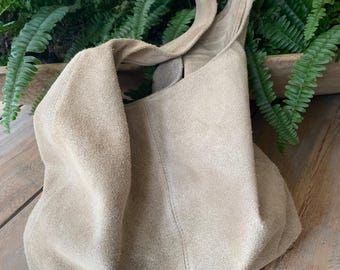 Suede Slouchy Bag, Beige Suede Hobo, Beige Shopper, Suede Tote Bag