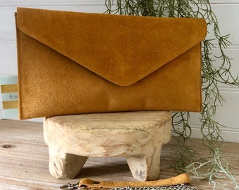 Suede Envelope Clutch Bag: Tan & Oxblood, With Detachable Chain and Wrist Strap