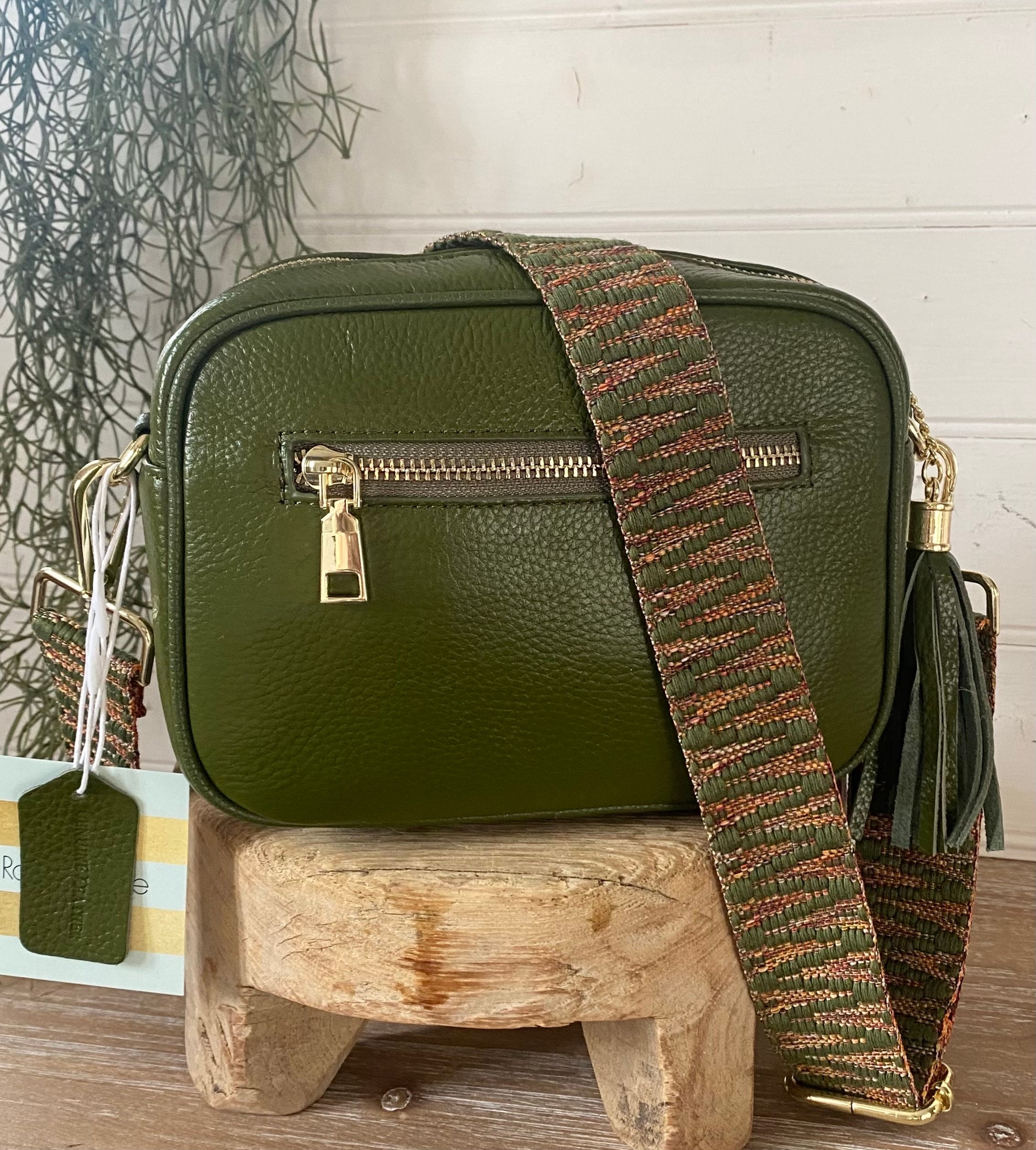 Olive Green Leather Crossbody Bag, Adjustable Soft Strap Bag 