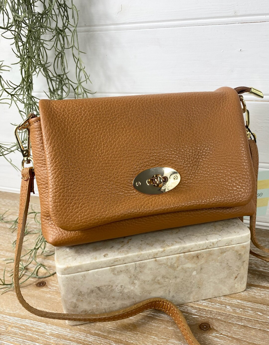Tan Twist Lock Leather Bag, Tan Leather Crossbody, Classic Tan Handbag ...