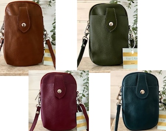 Bolso de teléfono de cuero, bandolera de teléfono, bolsa de teléfono, bolso de teléfono verde azulado, bolso de teléfono verde oliva, bolsa de teléfono bronceado, bolso de teléfono de Borgoña, cuero real