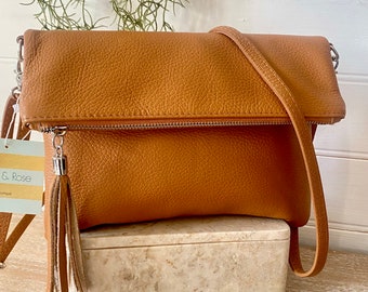 Tan Real Leather Crossbody Bag: Italian Leather Clutch, Tan Genuine Leather Purse - Handmade in Italy