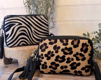 Animal Print Crossbody Bag, Leopard Print Crossbody, Zebra Print, Hair on Hide bag, Animal Print Bag, Leopard Print Purse, Genuine Leather