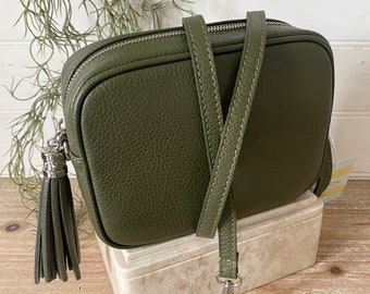 Olivgrüne Echtleder Tasche, Khaki Umhängetasche, Handgemacht in Italien