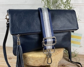 Navy Leather Crossbody, Genuine Leather Navy Bag, Navy Tassel Bag, Navy Crossbody, Navy Handbag, Navy Fancy Strap Bag, Navy Leather Clutch