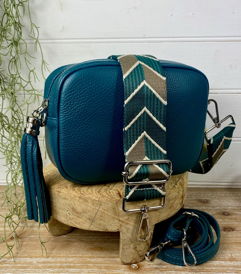 Teal Cross Body Bag, Teal blauwe leren tas, Peacock Blue Cross Body Bag, Teal lederen tas, Teal lederen tas, Teal blauwe Cross Body tas + Chevron Strap