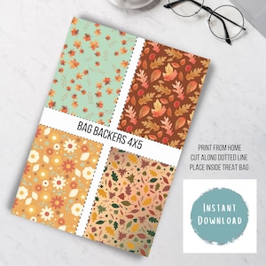 May include: Four-sectioned bag backer design with fall-themed patterns. The design includes leaves and floral patterns in shades of orange, brown, and yellow. Text reads "BAG BACKERS 4X5" and "INSTANT DOWNLOAD".