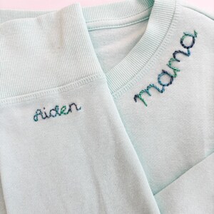 Mama sweatshirt personalized with kids names on sleeve, custom hand embroidered mama sweatshirt, mothers day, moms birthday gift