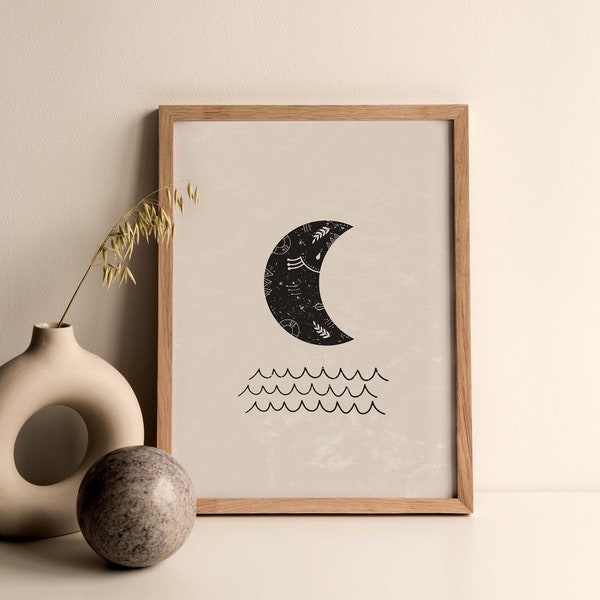 Mond über dem Ozean | Giclée Fine Art Print | Celestial Poster | Astrologie | Wand | Mond | Dekoration | Minimalismus | Boho | Ruhigen